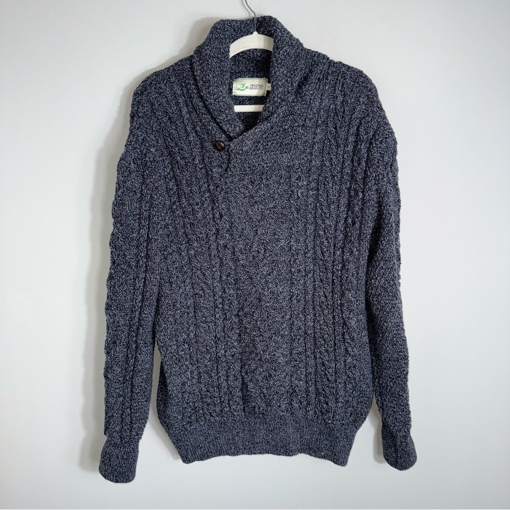 Original Aran Company 100% New Merino Wool Fisherman Sweater-Gray Blue-Large